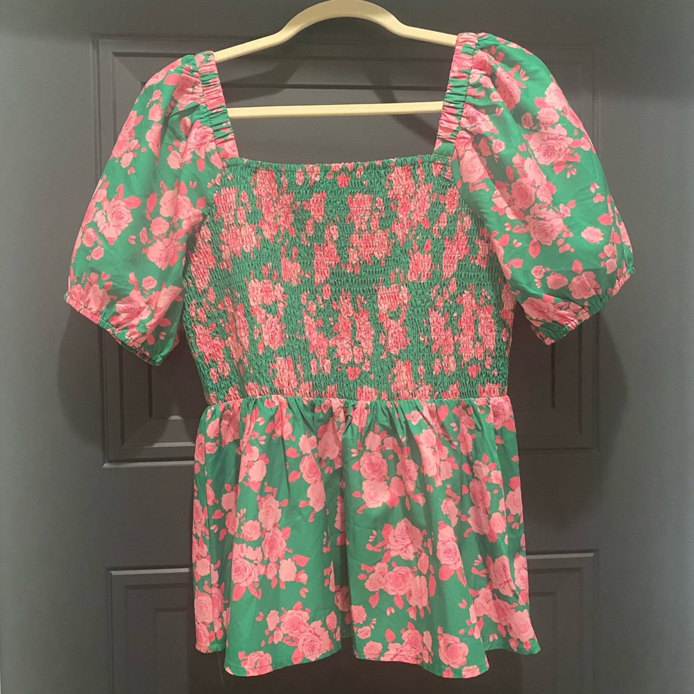 Women’s JODIFL Pink and Green Puff Sleeve Smocked Peplum Blouse Medium